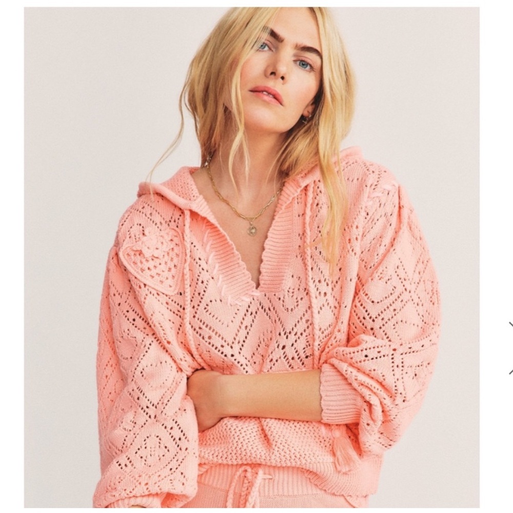 LoveShackFancy Tomaso Crochet Knit Hoodie Peach Cotton Coquette Cottagecore NWT